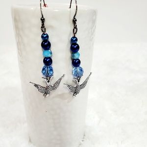 2/$10 Boho Style Earrings w/Bird Charm Blue/Slvr
